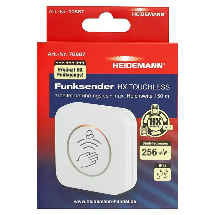 Heidemann Funksender 70887 HX Touchless - Reichweite ca.: 150 m, Batteriebetrieben, IP44 - Ein weißer, quadratischer, berührungsloser Funkgong-Sender mit Hand- und Glockensymbol.