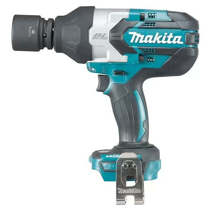 Makita LXT 18V Llave de impacto de batería DTW1001Z - 18 V, Sin batería, 1.700 Nm - Llave de impacto inalámbrica Makita turquesa y negra con un vaso de 36mm gris oscuro.