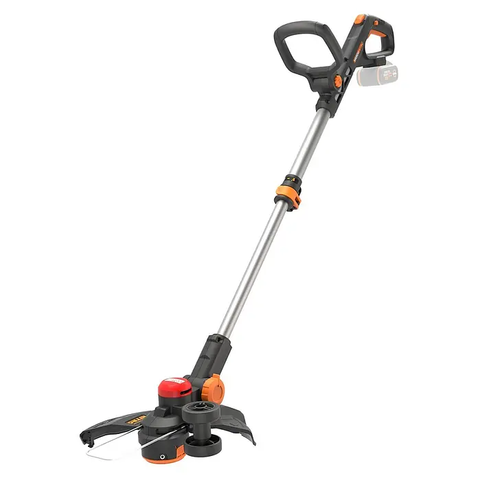 Worx PowerShare 20V Akku-Rasentrimmer WG173E.9 - 20 V, Li-Ionen, Ohne Akku, Schnittbreite Faden: 33 cm - Das Bild zeigt einen WORX Nitro Akku-Rasentrimmer, ein Gartengerät mit einem Griff, einem Schaft und einem Trimmerkopf. Es ist für die Rasenpflege konzipiert.