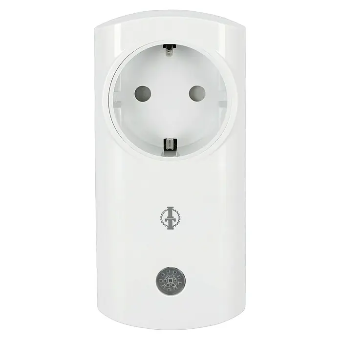 Intertechno Funksteckdosen-Set IT2P-2300 - Weiß, Max. Anschlussleistung: 2.300 W - Das Bild zeigt einen weißen Smart-Stecker mit einer runden Steckdose, einem Logo und einem Knopf, ideal für Smart-Home-Anwendungen.