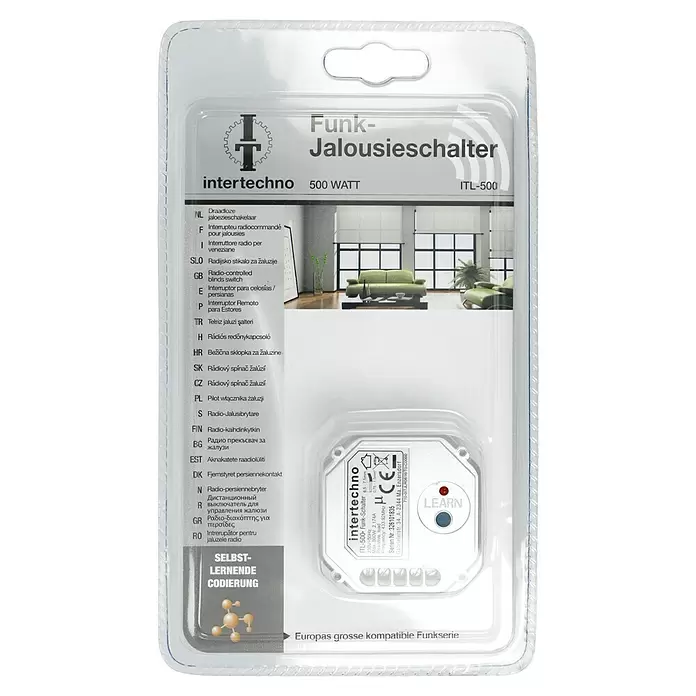 Intertechno Funk-Jalousieschalter ITL-500 - 500 W, Reichweite ca.: 30 m - Intertechno Funk-Jalousieschalter (ITL-500), ein kleines weißes Elektronikmodul mit „LEARN“-Taste, in transparenter Blisterverpackung.