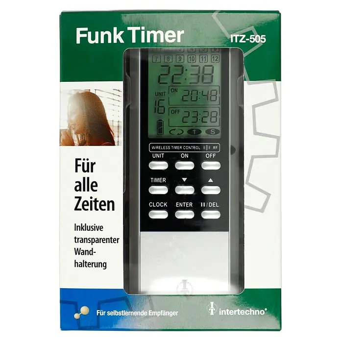 Intertechno Funk-Timer ITZ-505 - Batteriebetrieben - Abbildung einer Verpackung für eine Funk Timer ITZ-505, ein Gerät zur drahtlosen Zeitsteuerung mit Display und Tasten.