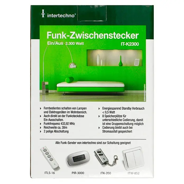 Intertechno Funksteckdose IT-K2300 - Weiß, Max. Anschlussleistung: 2.300 W - Das Bild zeigt die Verpackung eines Intertechno Funk-Zwischensteckers IT-K2300, der das ferngesteuerte Schalten von Lampen und Geräten ermöglicht.
