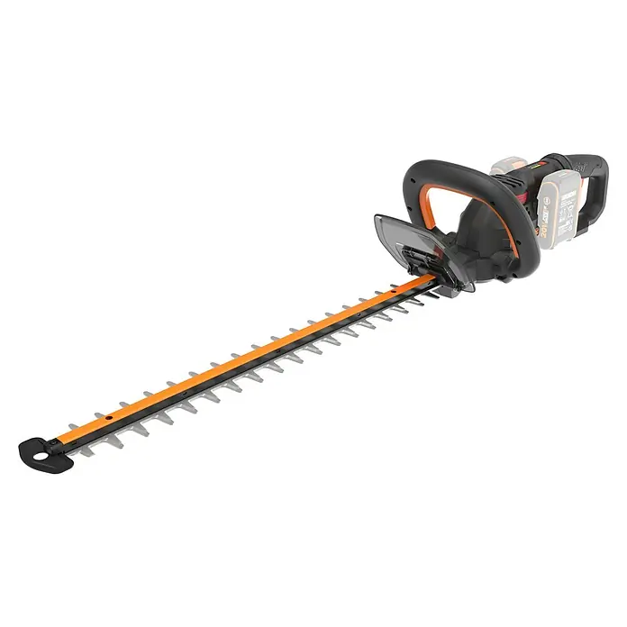 Worx PowerShare 20V Akku-Heckenschere WG286E.9 - 40 V, Li-Ionen, Ohne Akku, Schnittlänge: 58 cm - Das Bild zeigt eine Akku-Heckenschere mit orangenen Akzenten vor einem schwarzen Hintergrund. Das Gerät ist scharf und einsatzbereit für den Garten.