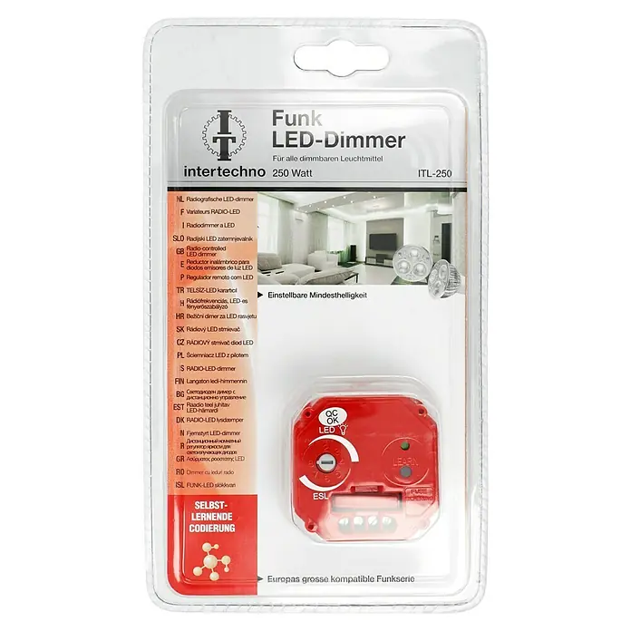 Intertechno Funk-Dimmermodul ITL-250 - Rot - Das Produkt ist ein Funk-LED-Dimmer von Intertechno mit 250 Watt, Modell ITL-250, zur Dimmung von LED-Leuchtmitteln.