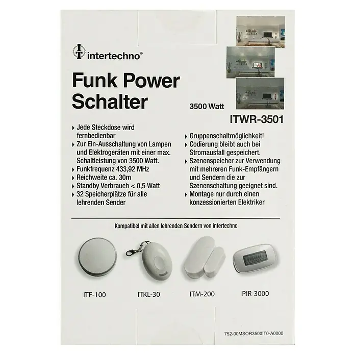 Intertechno Funk-Powerschalter ITWR-3501 - 32 mögliche Codierungen, Max. Anschlussleistung: 3.500 W - Abbildung eines Funk-Power-Schalters von Intertechno, Modell ITWR-3501, mit zugehöriger Fernbedienung.
