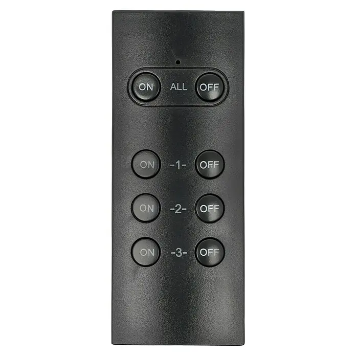 REV Funksteckdosen-Set Mini Outdoor - Schwarz, Max. Anschlussleistung: 3.680 W - Nahaufnahme einer schwarzen Fernbedienung mit mehreren runden Tasten zur Steuerung verschiedener Gerätefunktionen.