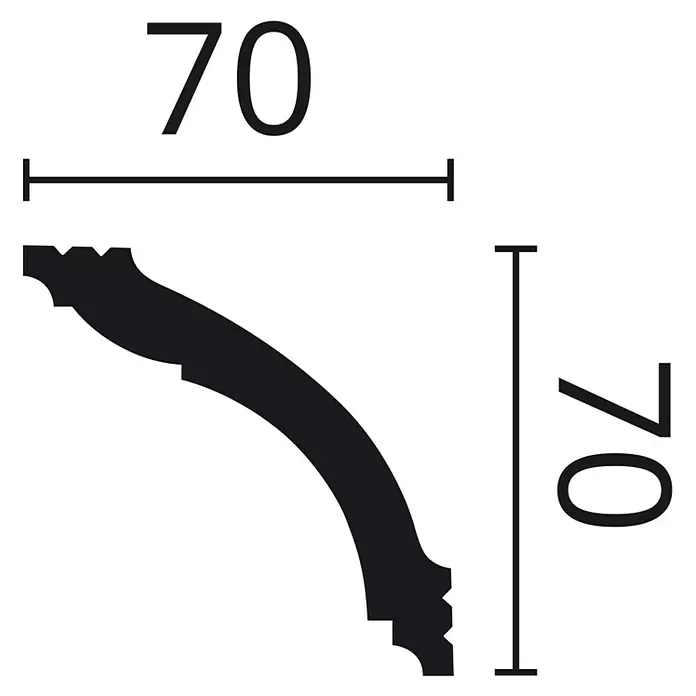 SCHÖNER WOHNEN-Kollektion Zierprofil Deckenleiste Elegant 1 - 2 m x 70 mm x 70 mm, Hochverdichtetes extrudiertes Polymer (HDPS) - Schwarze Silhouette eines dekorativen Gesimsprofils, 70mm breit und 70mm hoch.