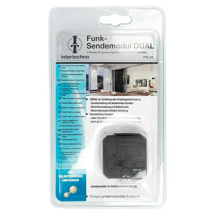 Intertechno Funk-Sendermodul Dual ITS-23 - Passend für: Intertechno Empfänger, Reichweite ca.: 30 m - Produktverpackung für ein Funk-Sendemodul Dual von Intertechno, ITS-23, für spannungsfreien und 230VAC Kontakt.