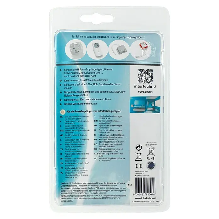 Intertechno Funk-Wandsender YWT-8500 - Codierrad (manuell), Reichweite ca.: 35 m - Verpackung des intertechno YWT-8500 Funk-Wandsenders zur Steuerung von intertechno Funk-Empfängern.