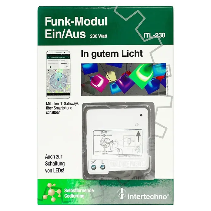 Intertechno Funk-Schaltermodul ITL-230 - 230 W, Reichweite ca.: 30 m - Funk-Modul Ein/Aus ITL-230: Schalten Sie Ihre Beleuchtung bequem per Smartphone mit diesem 230-Watt-Modul.