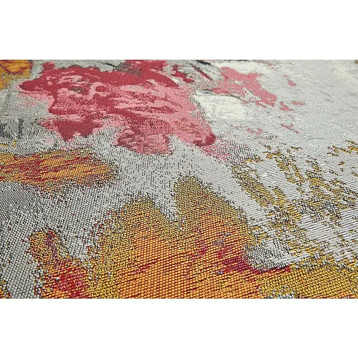 Outdoor-Teppich Portland - Grau/Bunt, 235 x 160 cm, 75 % Polypropylen, 25 % Polyester - Nahaufnahme eines bunten Wandteppichs mit floralem Muster, der Textur und Detailreichtum des Stoffes hervorhebt.