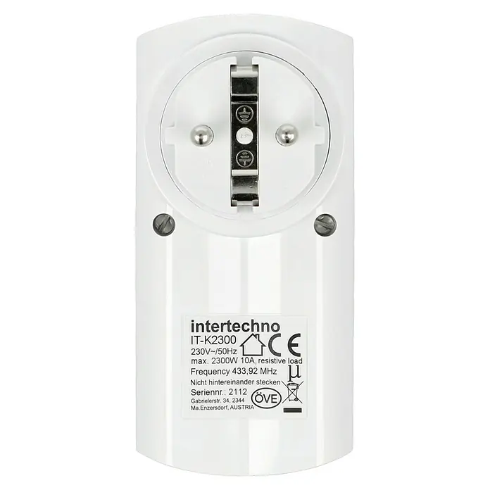 Intertechno Funksteckdosen-Set IT2P-2300 - Weiß, Max. Anschlussleistung: 2.300 W - Nahaufnahme eines weißen Intertechno IT-K2300 Funksteckdosenadapters mit technischen Spezifikationen auf dem Etikett.