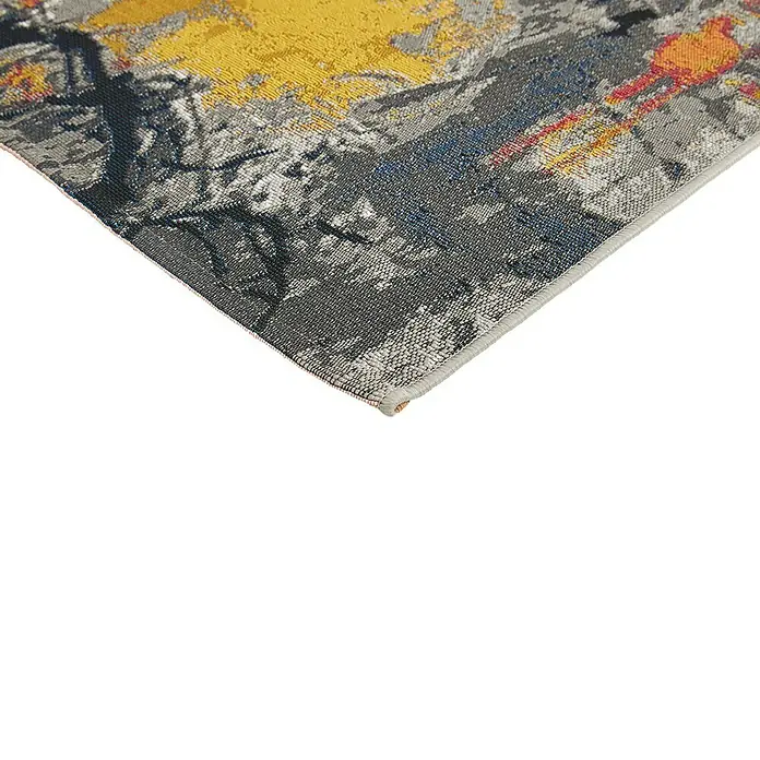Outdoor-Teppich Portland - Grau/Bunt, 235 x 160 cm, 75 % Polypropylen, 25 % Polyester - Nahaufnahme eines Teppichs mit modernem Muster in Gelb-, Grau- und Blautönen, der Textur und Design hervorhebt.