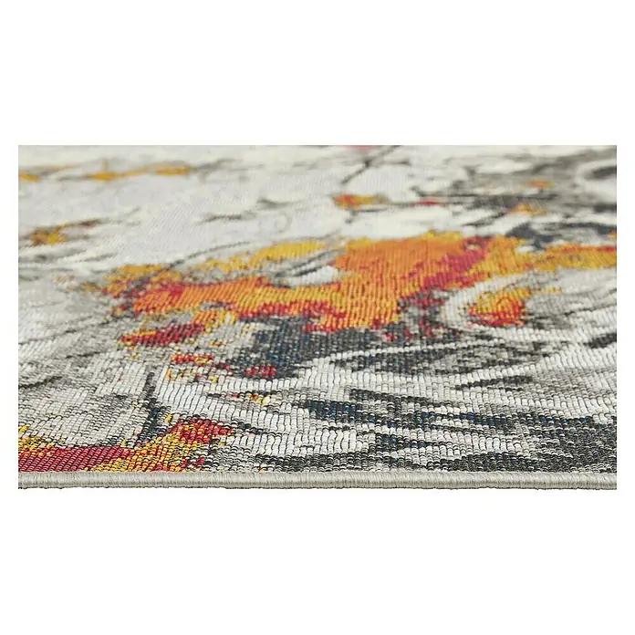 Outdoor-Teppich Portland - Grau/Bunt, 235 x 160 cm, 75 % Polypropylen, 25 % Polyester - Nahaufnahme eines Teppichs mit abstraktem Muster in Grau-, Orange- und Rottönen, der eine moderne und stilvolle Atmosphäre vermittelt.