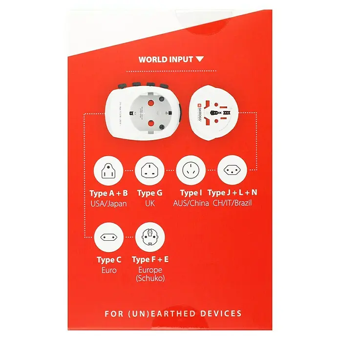 Skross Reiseadapter PRO – World - Weiß - Nahaufnahme eines Universal-Reiseadapters mit verschiedenen Steckertypen für internationale Stromkompatibilität.