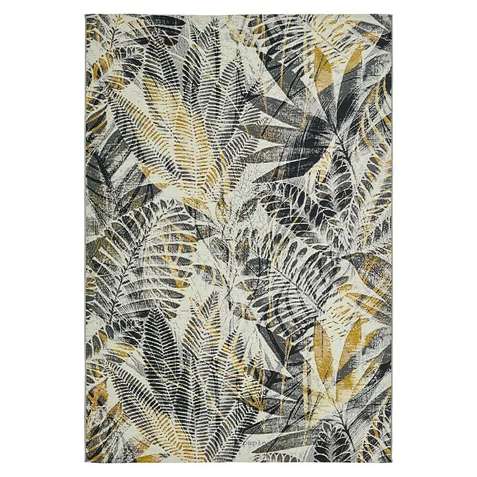Outdoor-Teppich Portland - Grau/Gelb, 235 x 160 cm, 75 % Polypropylen, 25 % Polyester - Ein rechteckiger Teppich mit einem Blätterdesign in Weiß-, Grau- und Goldtönen, ideal für eine moderne Inneneinrichtung.