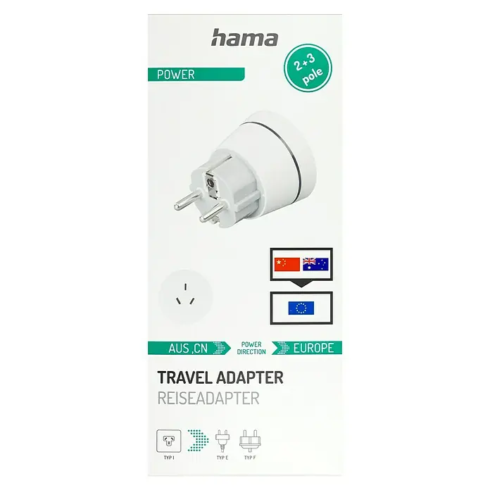Hama Reiseadapter China/Australien nach Europa - Netzsteckertyp Reiseadapter: Typ E+F (CEE 7/7), Weiß - Produktbild eines Hama-Reiseadapters, der mit Steckdosen in Australien, China und Europa kompatibel ist und 2- und 3-polige Stecker unterstützt.