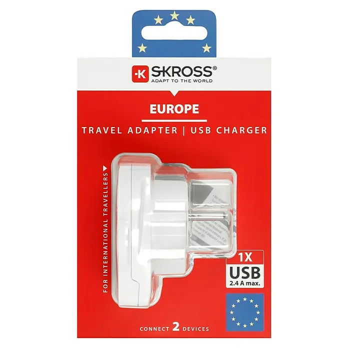 Skross Reiseadapter World to Europe USB - Netzsteckertyp Reiseadapter: Typ E+F (CEE 7/7), Weiß - Ein Skross Europe Reiseadapter mit USB-Anschluss zum Aufladen von Geräten, ideal für internationale Reisende in Europa.