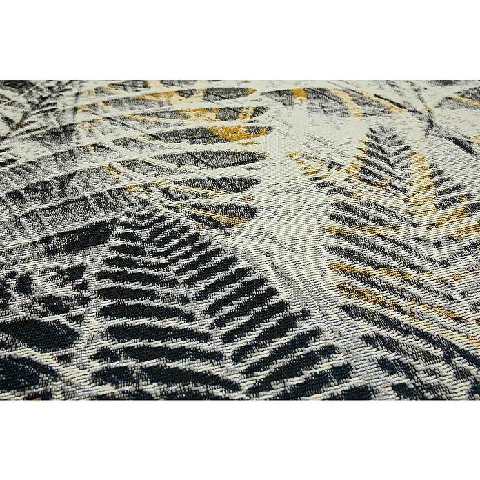 Outdoor-Teppich Portland - Grau/Gelb, 235 x 160 cm, 75 % Polypropylen, 25 % Polyester - Nahaufnahme eines Textilgewebes mit Farnmuster in Schwarz, Gold und Weiß.