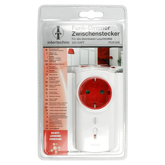 Intertechno Funk-Dimmer Zwischenstecker ITLR-200 - Max. Anschlussleistung: 200 W, 2-polige Abschaltung - Funk-Dimmer Zwischenstecker: Funkgesteuerter Dimmer für dimmbare Leuchtmittel bis 200 Watt zur flexiblen Lichtsteuerung.