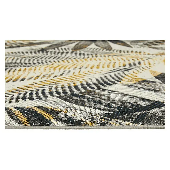 Outdoor-Teppich Portland - Grau/Gelb, 235 x 160 cm, 75 % Polypropylen, 25 % Polyester - Nahaufnahme eines gemusterten Teppichs in Grau-, Gold- und Schwarztönen. Das Design ist modern und abstrakt, ideal für ein stilvolles Zuhause.