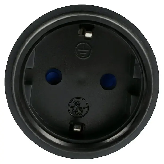 REV Funksteckdosen-Set Mini Outdoor - Schwarz, Max. Anschlussleistung: 3.680 W - Nahaufnahme einer schwarzen Schuko-Steckdose mit den Angaben 16 A und 250 V, die für europäische Standards ausgelegt ist.