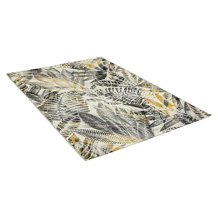 Outdoor-Teppich Portland - Grau/Gelb, 235 x 160 cm, 75 % Polypropylen, 25 % Polyester - Dekorative rechteckige Matte mit einem Blättermotiv in Schwarz- und Goldtönen, ideal für jeden Wohnbereich.