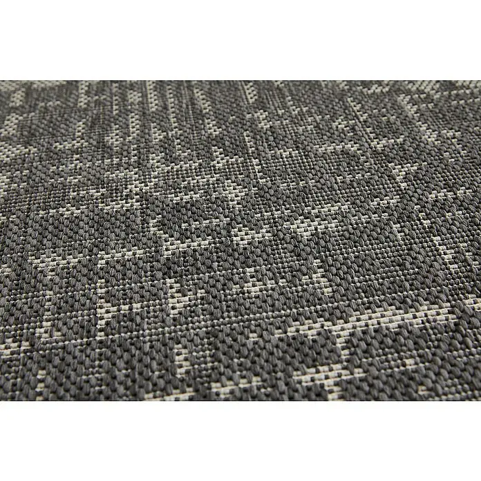 Outdoor-Teppich Newberry - Anthrazit/Creme, 230 x 160 cm, 100 % Polypropylen - Nahaufnahme eines grauen Teppichs mit einem gewebten Muster, das eine subtile Textur und ein stilvolles Design zeigt.