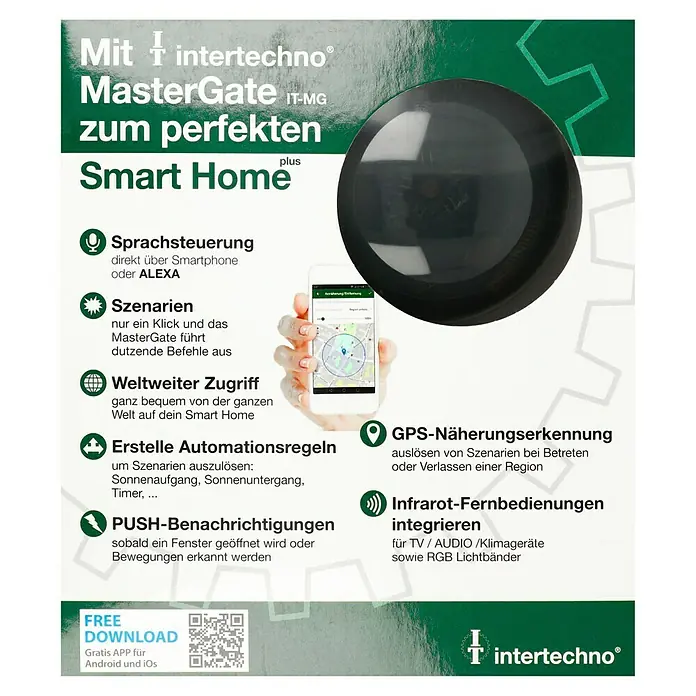 Intertechno Steuerzentrale Smart Home IT-MG - Reichweite ca.: 30 m, Ø x H: 80 x 30 mm, Mastergate App - Werbung für Intertechno MasterGate IT-MG, das intelligente Steuerungssystem für Ihr Zuhause mit Sprachsteuerung und Automatisierungsregeln.