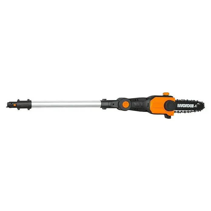 Worx PowerShare 20V Hochentaster-Aufsatz - Passend für WORX WG252E.9 - Das Bild zeigt eine WORX Akku-Stielkettensäge mit Teleskopstiel, ideal für Baumschnittarbeiten. Das Gerät ist in Orange und Schwarz gehalten.