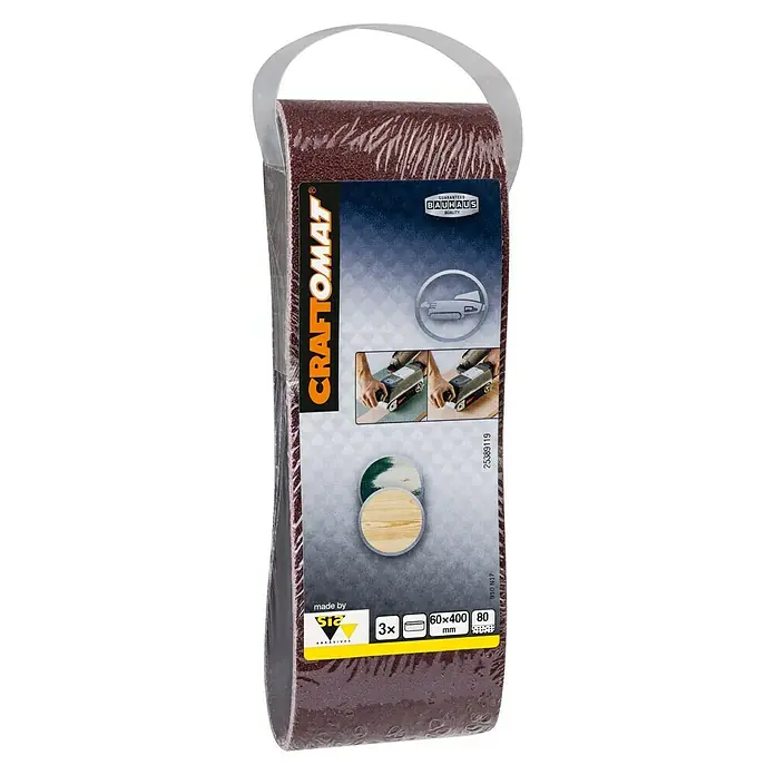 Craftomat Lija de banda - L x An: 400 x 60 mm, Grano: 80, 3 ud. - Set de bandas de lija Craftomat, grano 80, dimensiones 60x400mm, 3 unidades para lijadoras de banda, ideal para madera y otros materiales.