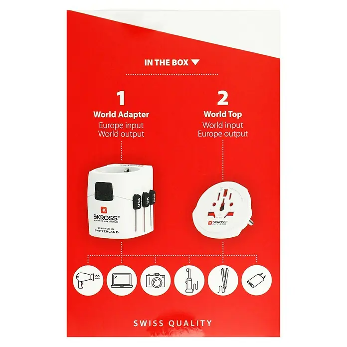 Skross Reiseadapter PRO Light – World - Weiß - Das Bild zeigt die Bestandteile einer roten Skross-Produktverpackung für einen Weltadapter mit zwei verschiedenen Aufsätzen.