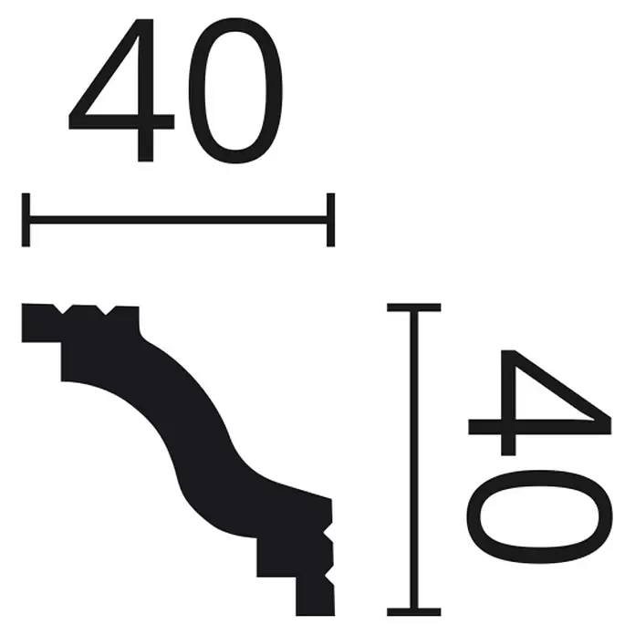 SCHÖNER WOHNEN-Kollektion Zierprofil Deckenleiste Elegant 2 - 2 m x 40 mm x 40 mm, Hochverdichtetes extrudiertes Polymer (HDPS) - Schwarzes Zierleistenprofil-Diagramm mit 40mm Breite und 40mm Höhe.