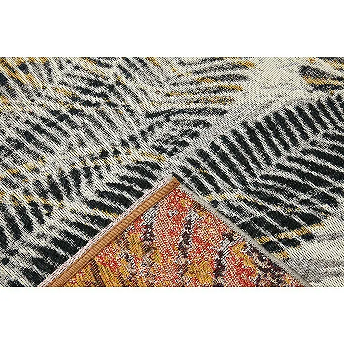 Outdoor-Teppich Portland - Grau/Gelb, 235 x 160 cm, 75 % Polypropylen, 25 % Polyester - Nahaufnahme eines gewebten Teppichs mit abstraktem geometrischen Muster in Schwarz, Weiß, Gold und einem farbenfrohen orangefarbenen Bereich.