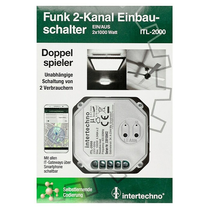 Intertechno Funk-Einbauschalter Funk-Doppeleinbauschalter (1.000 W, Reichweite ca.: 30 m) | BAUHAUS