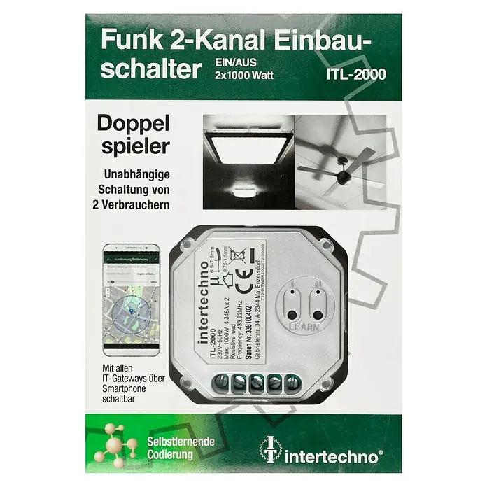 Intertechno Funk-Einbauschalter Funk-Doppeleinbauschalter - 1.000 W, Reichweite ca.: 30 m - Das Bild zeigt eine Verpackung für einen Funk 2-Kanal Einbauschalter ITL-2000, der über ein Smartphone steuerbar ist.