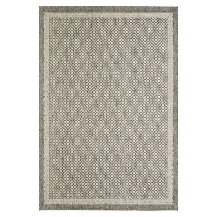 Outdoor-Teppich Newberry - Grau, 230 x 160 cm, 100 % Polypropylen - Ein rechteckiger Teppich mit einem geometrischen Rautenmuster und einem schlichten, schmalen Rand in Grautönen.