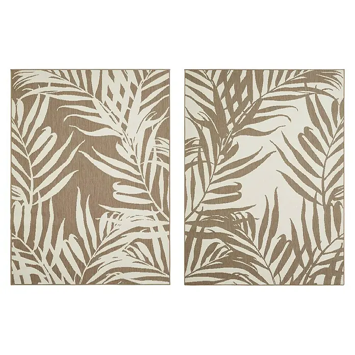 Outdoor-Teppich Wendeteppich Reno Palme - Taupe, 160 x 120 cm, 100 % Polypropylen - Zwei Outdoor-Teppiche mit Palmenblattmuster. Die Teppiche sind in den Farben Beige und Braun gehalten und eignen sich perfekt für den Außenbereich.