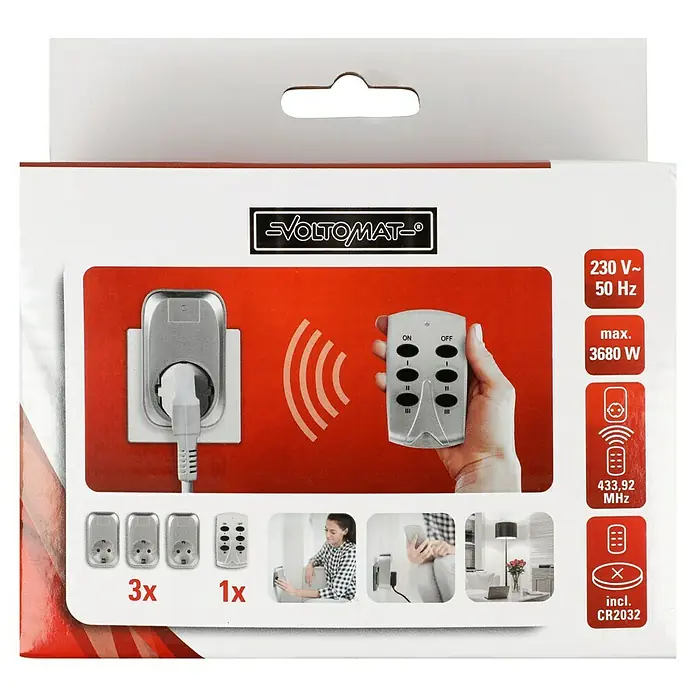 Voltomat Funksteckdosen-Set 3+1 - Silber, 3.680 W - Funksteckdosen-Set: 3 Steckdosen & 1 Fernbedienung. Bequeme Steuerung Ihrer Geräte per Funk. Ideal für Haus & Büro!
