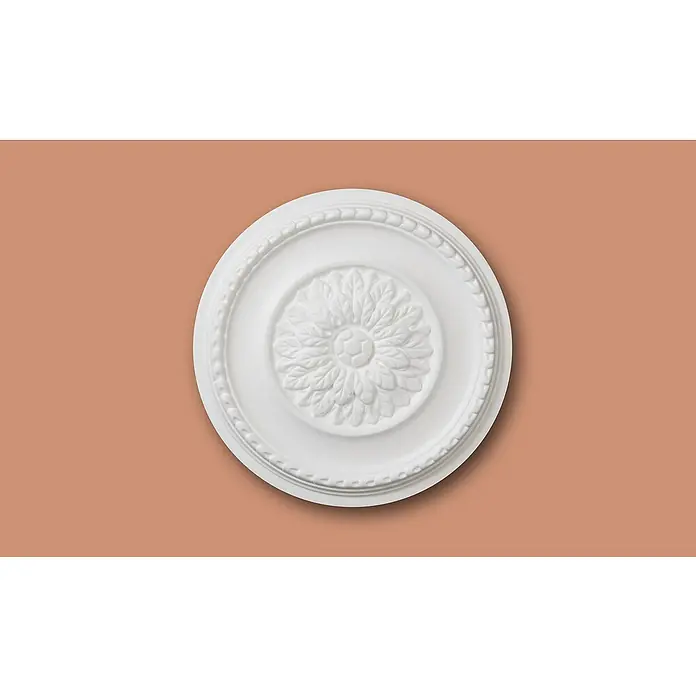 Nmc Decoflair Rosette B23 - Durchmesser: 420 mm, Expandiertes Polystyrol (EPS), Weiß - Nahaufnahme einer weißen Deckenrosette mit einem floralen Muster in der Mitte, ideal zur stilvollen Raumgestaltung.