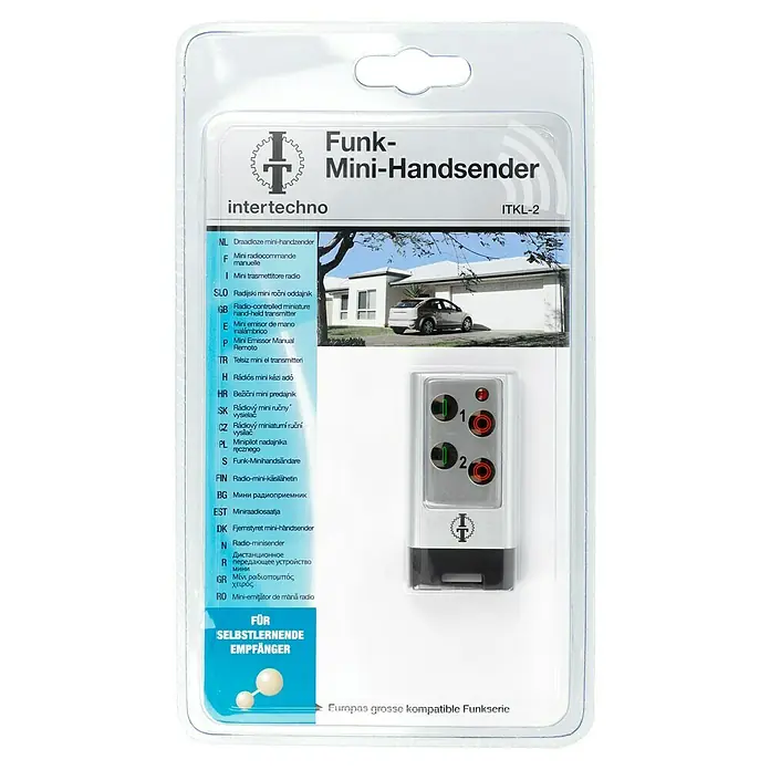 Intertechno Funk-Minihandsender ITKL-2 - Reichweite ca.: 35 m, Selbstlernend (automatisch) - Funk-Mini-Handsender ITKL-2 von intertechno in der Verpackung. Kompatible Funkserie für selbstlernende Empfänger, ideal für Garagentore.