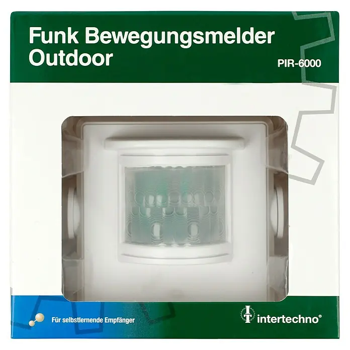 Intertechno Funk-Bewegungsmelder Outdoor PIR-6000 - Weiß, Erfassungswinkel: 110 ° - Produktverpackung für einen Funk Bewegungsmelder Outdoor PIR-6000 von Intertechno, ideal für die Außenanwendung mit selbstlernendem Empfänger.