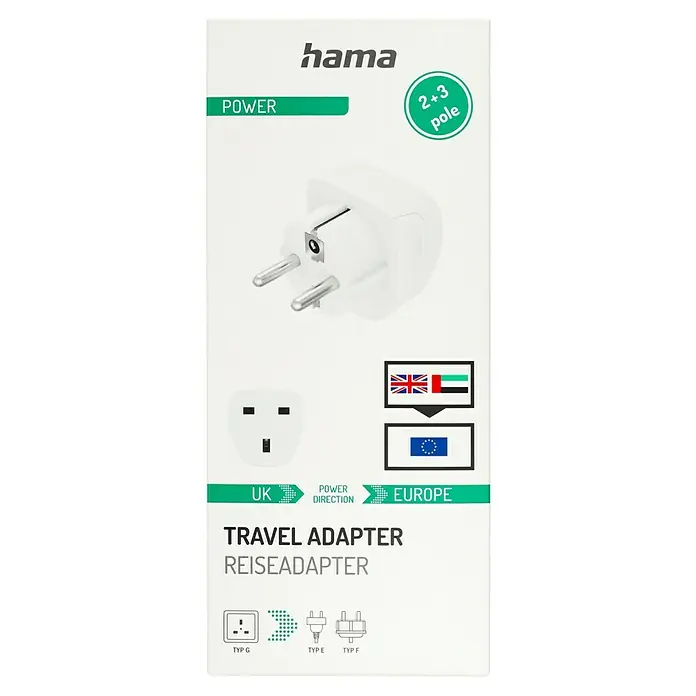 Hama Reiseadapter England/UK nach Europa - Netzsteckertyp Reiseadapter: Typ E+F (CEE 7/7), Weiß - Bild eines Hama Reisesteckers, der den Wechsel von UK- zu EU-Steckdosen ermöglicht, mit Infos zu Leistung und Polzahl.