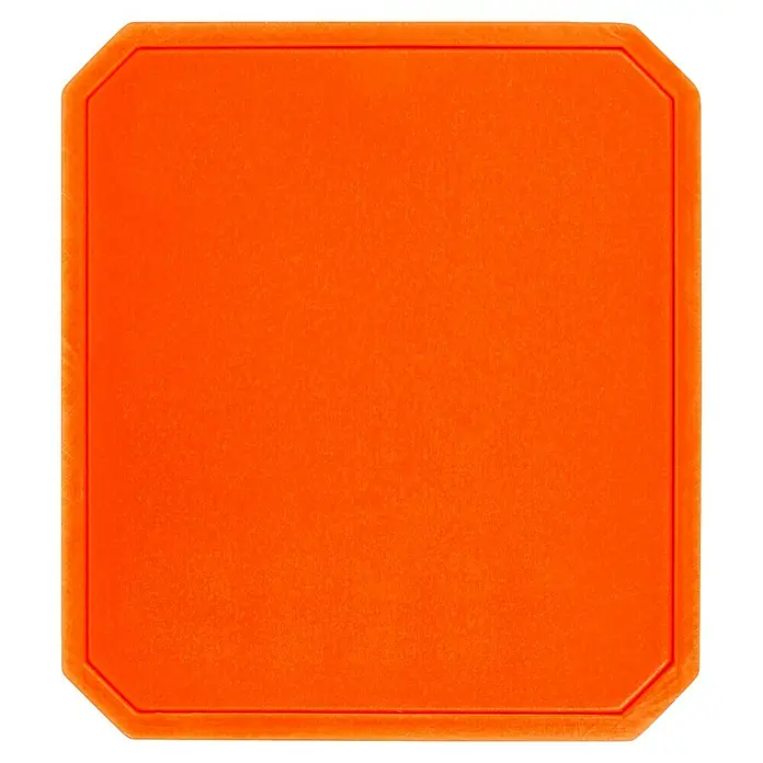 Intertechno Funk-Einbaudimmer ITD-251 für Taster - Max. Leistung: 3-250 W - Nahaufnahme einer quadratischen, orangefarbenen Matte mit abgerundeten Ecken und einem doppelten Rahmen auf schwarzem Hintergrund.