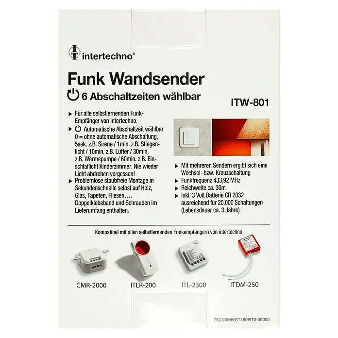 Intertechno Funk-Wandsender ITW-801 - 1-fach, Selbstlernend (automatisch), Reichweite ca.: 30 m - Produktbild des Intertechno ITW-801 Funk Wandsenders mit 6 Abschaltzeiten, kompatibel mit verschiedenen Funkempfängern.