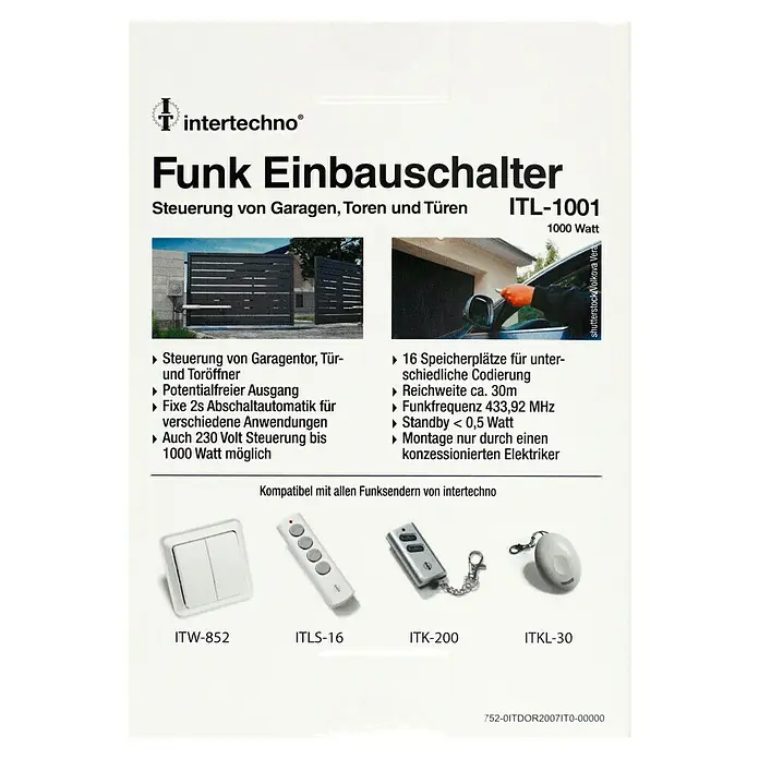 Intertechno Funkschalter ITL-1001 Einbau-Impusschalter - Max. Leistung: 1.000 W - Funk Einbauschalter ITL-1001 von Intertechno zur Steuerung von Garagen, Toren und Türen mit diversen Funkfernbedienungen.