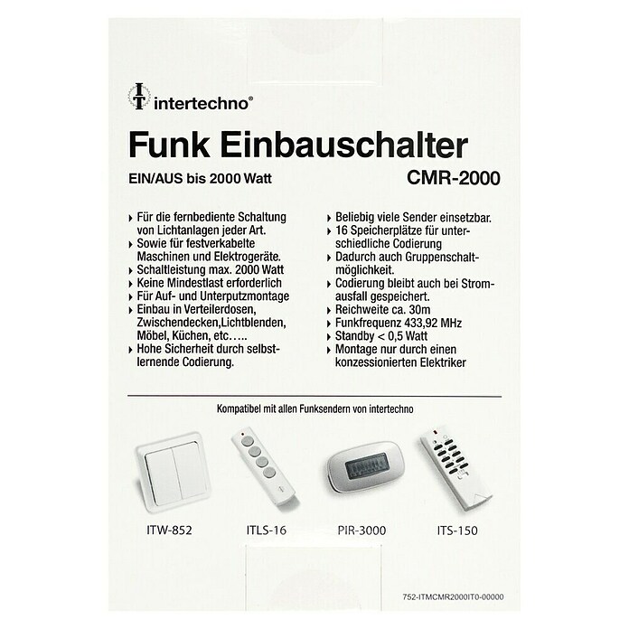 Intertechno Funk-Einbauschalter CMR-2000 (Max. Anschlussleistung: 2.000 W) | BAUHAUS