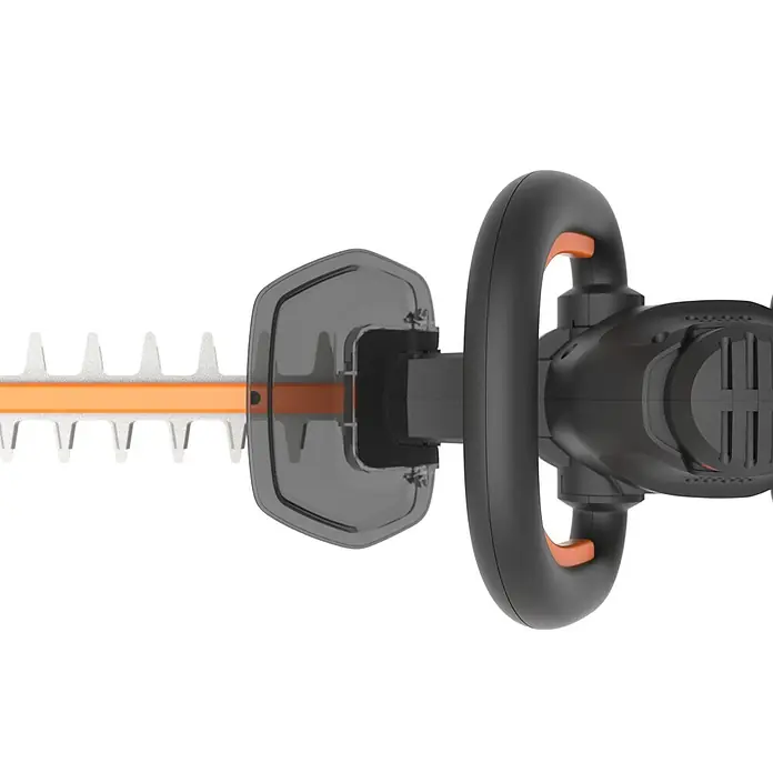 Worx PowerShare 20V Akku-Heckenschere WG286E.9 - 40 V, Li-Ionen, Ohne Akku, Schnittlänge: 58 cm - Abbildung einer Heckenschere. Das Gerät ist schwarz und orange. Die Klinge ist lang und gezackt für präzise Schnitte.