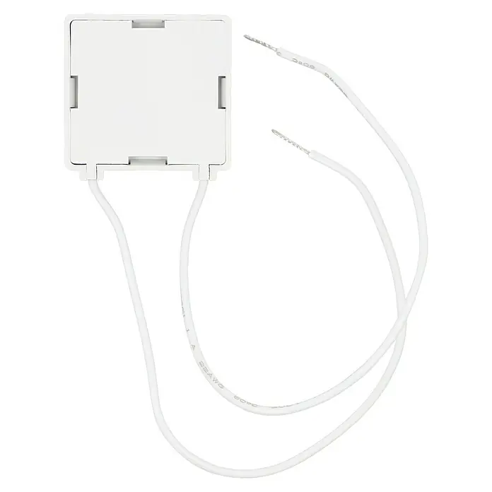 Intertechno Bypass-Modul LED-Freund BPM-1504 - Geeignet für: LED-Beleuchtung, 0,05 W - Nahaufnahme eines weißen Smart-Home-Geräts mit zwei Kabeln, das sich ideal für die Hausautomation eignet und eine einfache Installation ermöglicht.